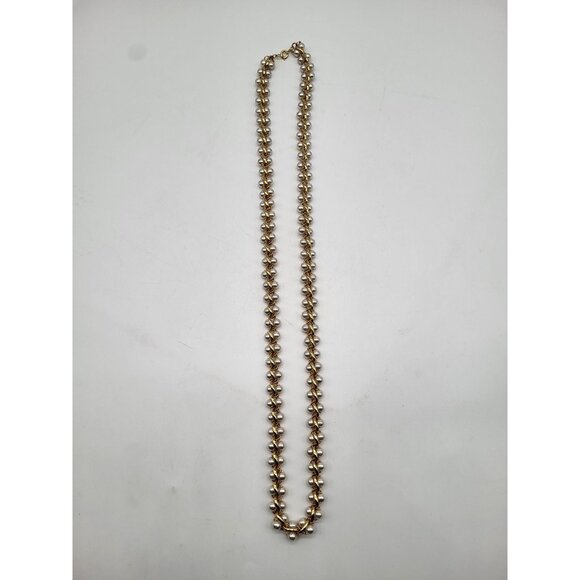 VTG faux pearl double row necklace gold tone weaved link statement glam long - Picture 3 of 6